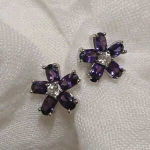 Vintage Natural Amethyst And Cubic Zirconia Flower Stud Earrings 1/2 Inch